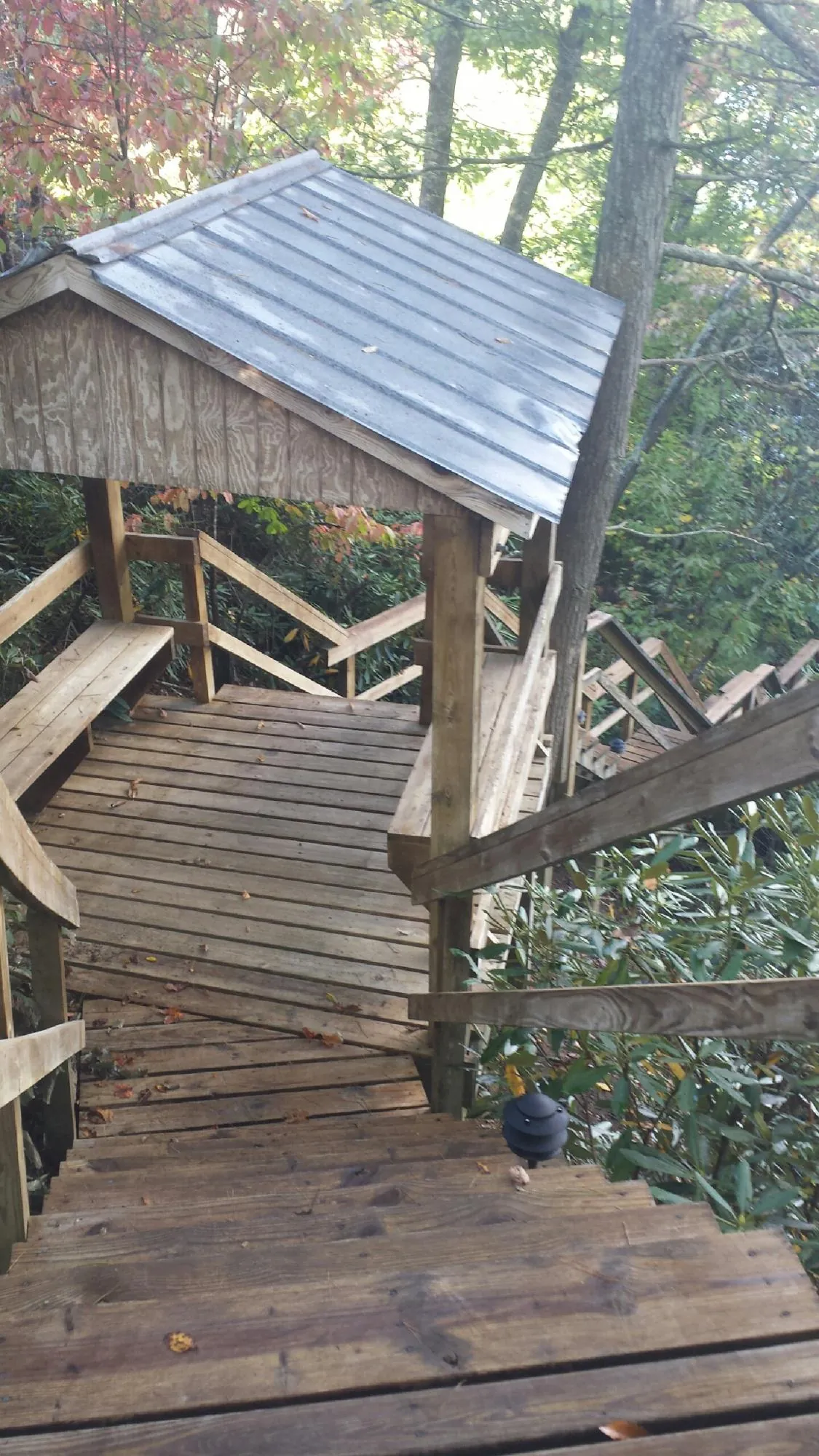Metal roofed shelter over wooden steps on a wooded walkway — Skylight Repair & Installation work by our crew in Hamer